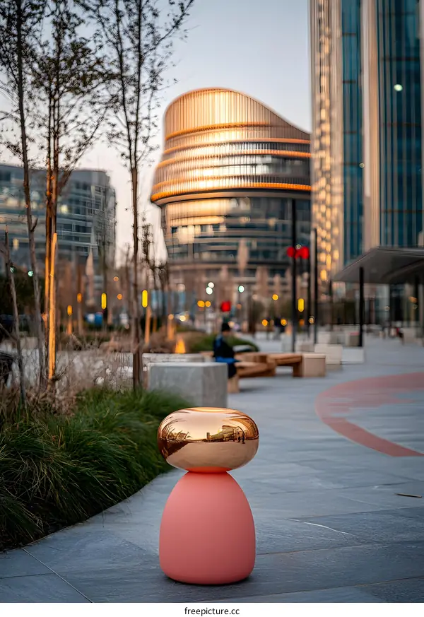 Reflective Gold Sculpture in Front of Modern Building