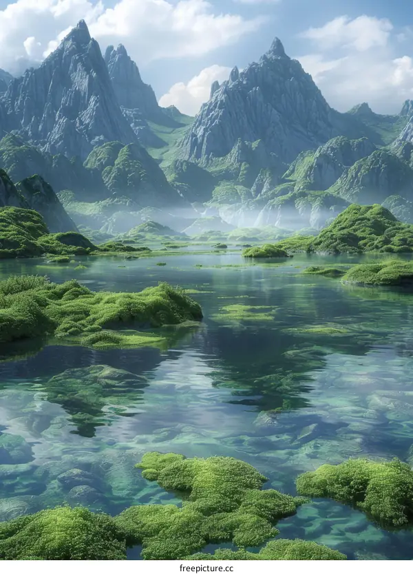 Misty Mountains and Lake with Tranquil Water and Green Mosses