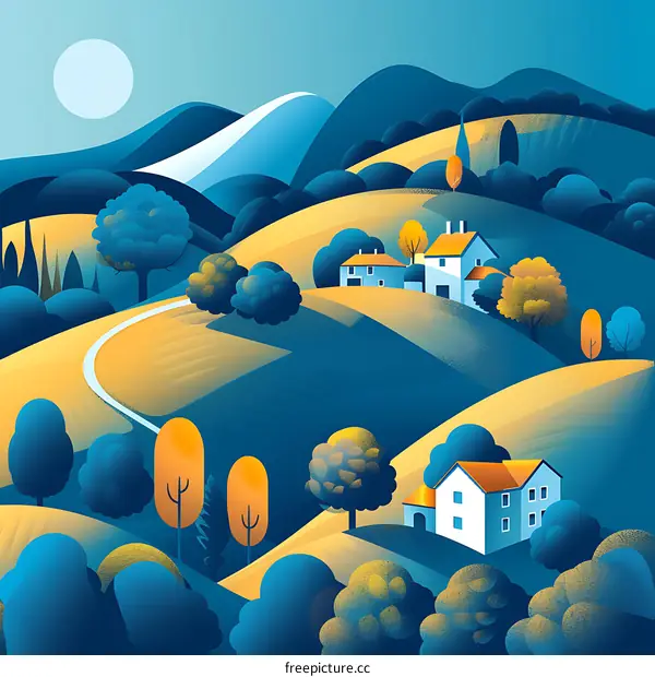 Blue and Yellow Hills with Houses Illustration