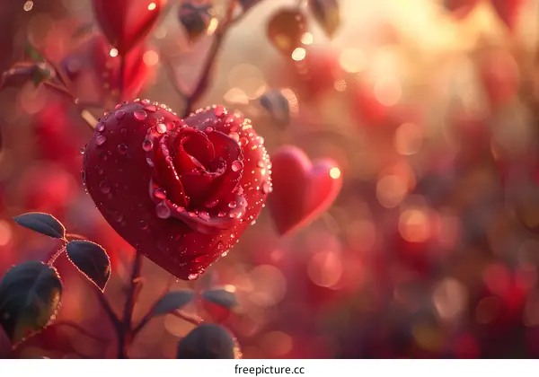 Red rose petals with water drops glistening in the sunlight