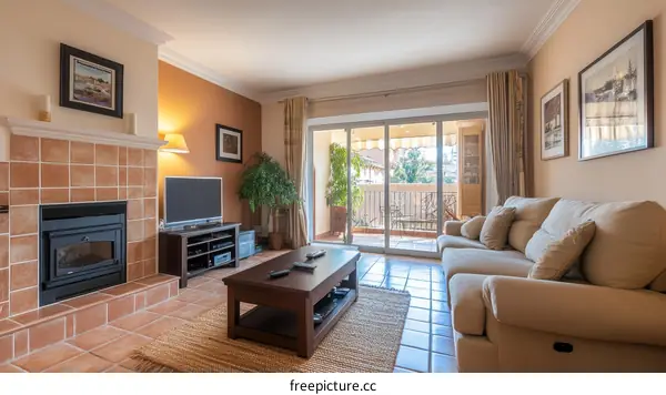 Modern Living Room with Fireplace and Balcony View