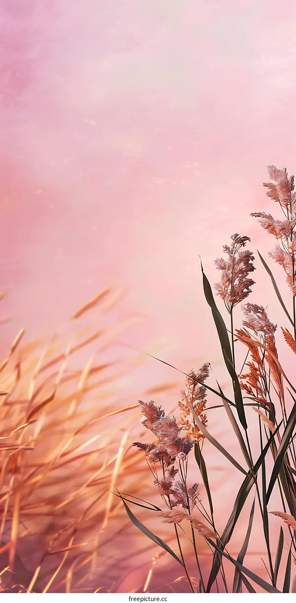 Pink Sunset Grass Landscape with Warm Tones