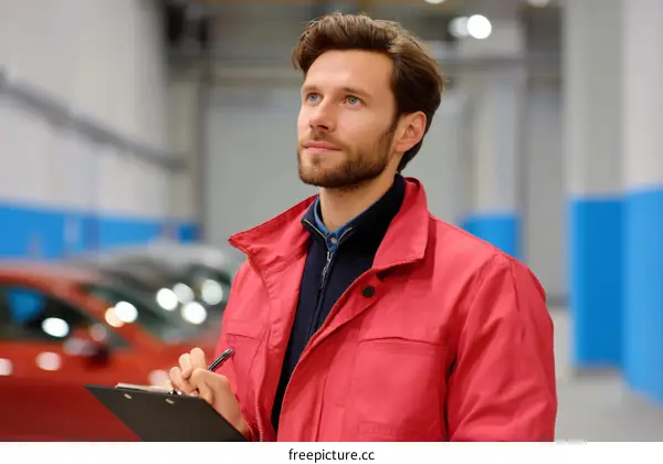 Caucasian Man Inspecting Vehicles in a Warehouse