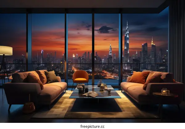 Dubai Skyline Night City View from Living Room Apartment Interior
