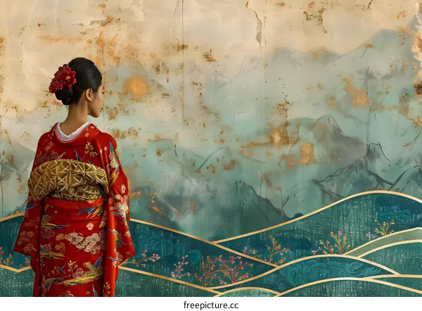 An Asian woman in traditional Japanese kimono stands with her back to the viewer, looking at a beautiful landscape painting on the wall.