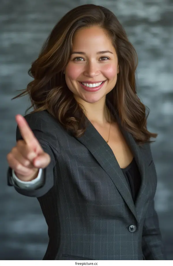 Hispanic businesswoman in suit smiling and pointing at camera