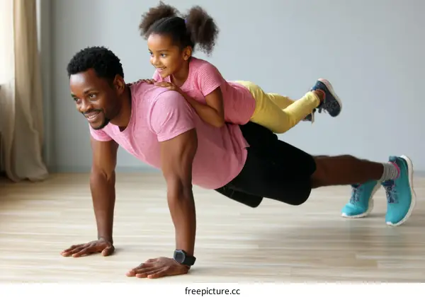 Father and daughter doing exercise at home