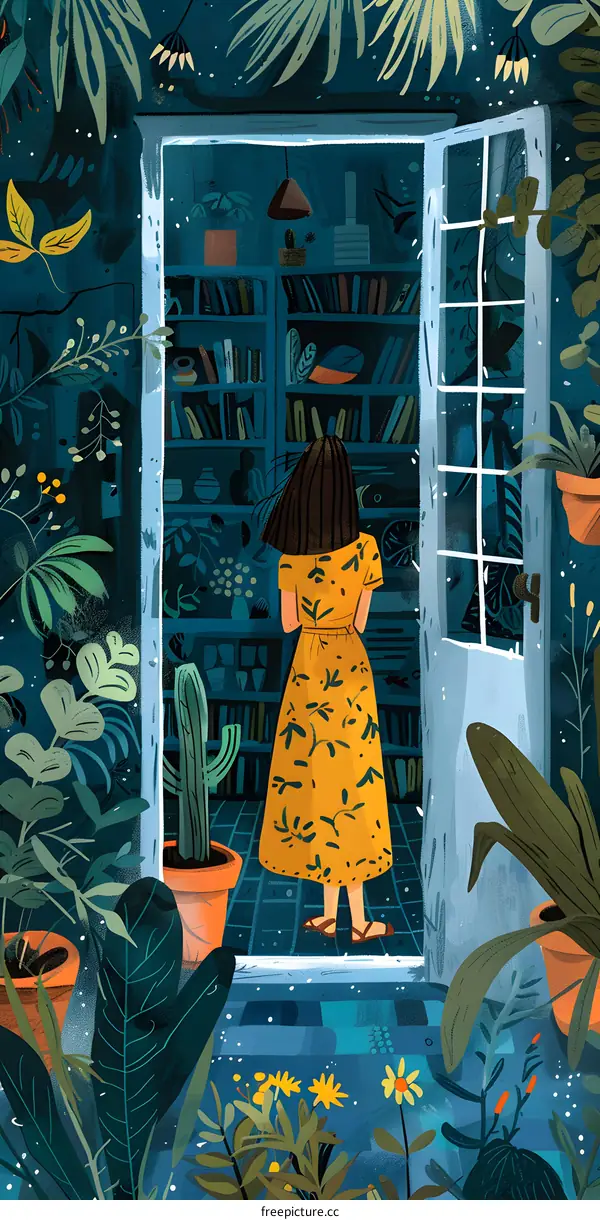 A girl standing in a room full of plants and books