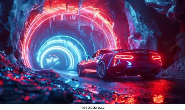 A red sports car drives through a glowing blue and red tunnel.