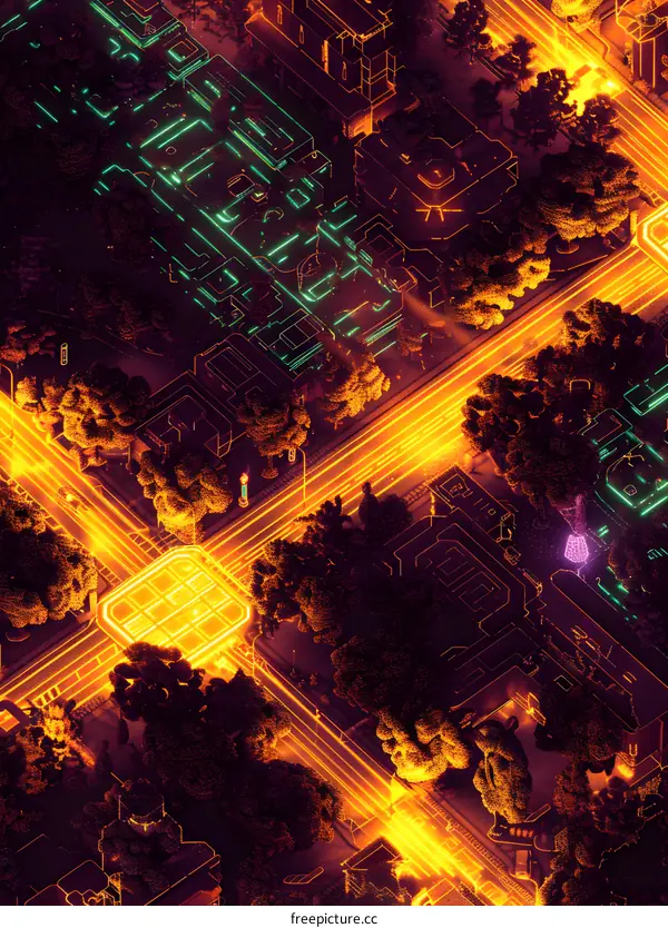 Futuristic Cityscape with Neon Lights and Trees