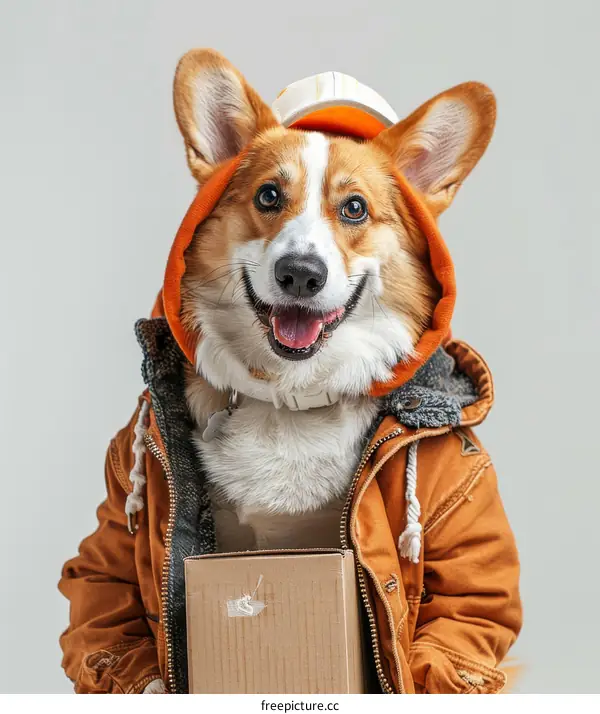 A cute corgi dog wearing a brown jacket and a cap