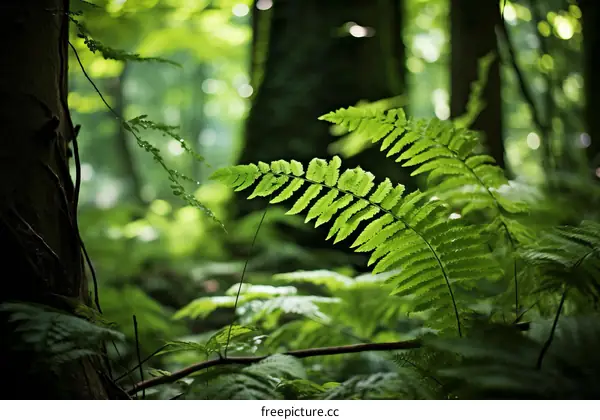 Close-up of fern leaves in a lush green forest