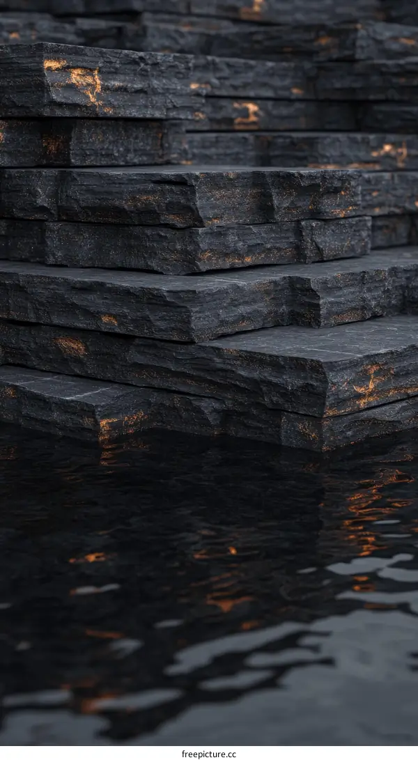 Dark Stone Steps Reflecting in Water