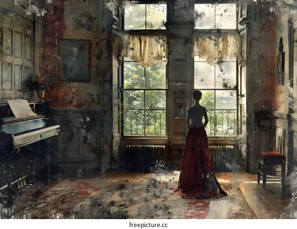 Woman in red dress standing in front of a window
