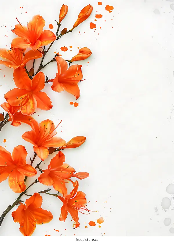 Orange Flowers with Watercolor Splashes on White Background