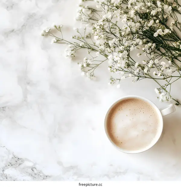 Cup of Coffee with Flowers on Marble Background