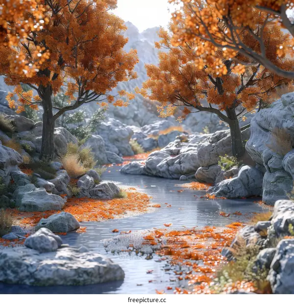 Autumn Tranquility: River Flowing Through a Rocky Valley