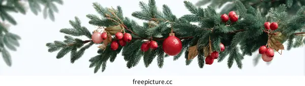 Christmas Garland with Red Ornaments and Berries