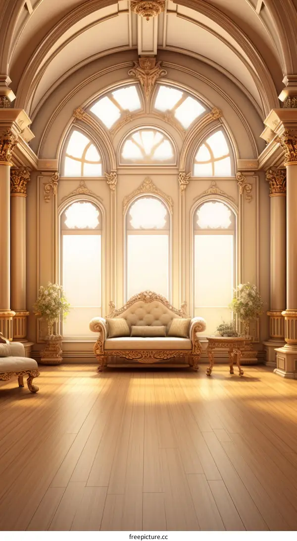 ornate interior of a grand hall with a throne