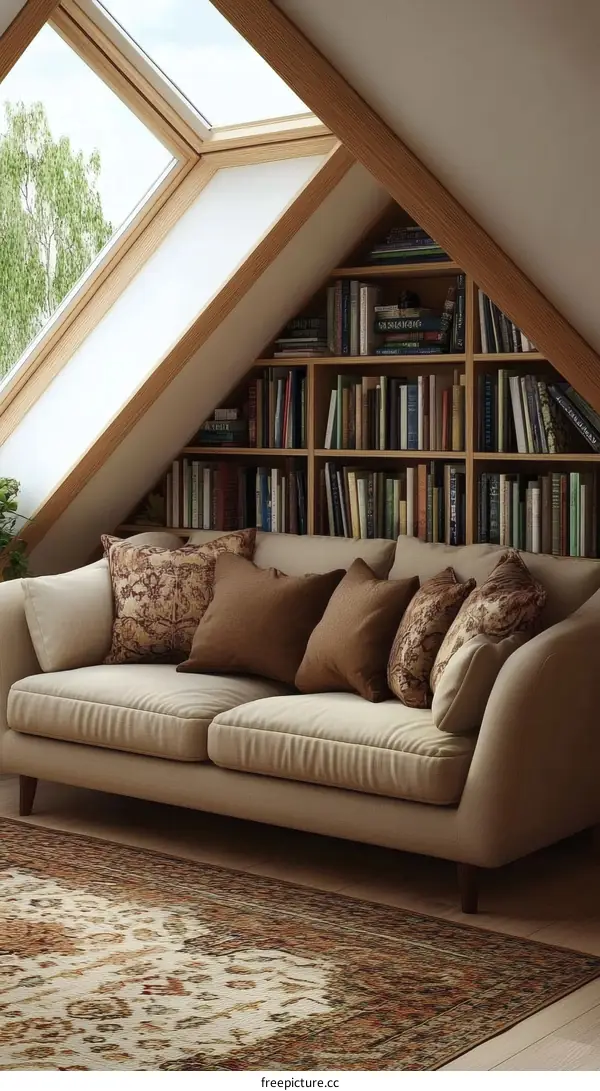 Cozy Attic Reading Nook with Bookshelves and Sofa