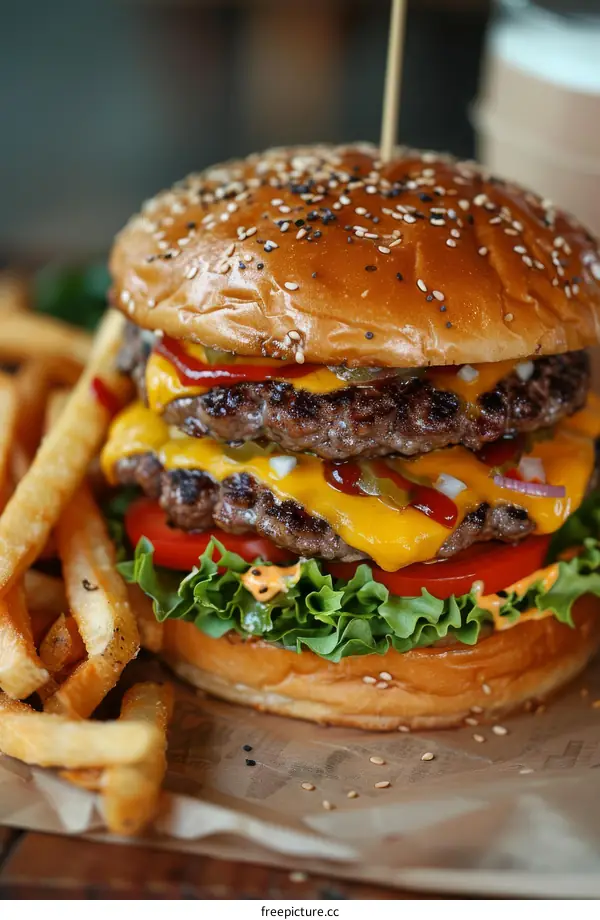 yummy juicy double cheeseburger with crispy french fries