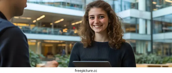 Young Caucasian Woman Smiling While Using Tablet in Modern Office Building