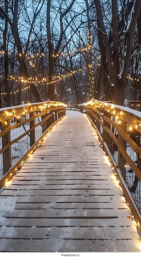 Wooden bridge with lights in a snowy forest