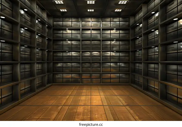 Empty Storage Room With Metal Shelves And Wooden Floor