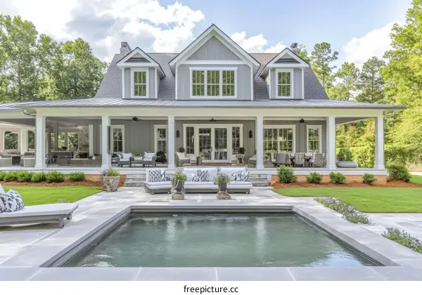 Stylish Farmhouse Exterior with Pool and Porch