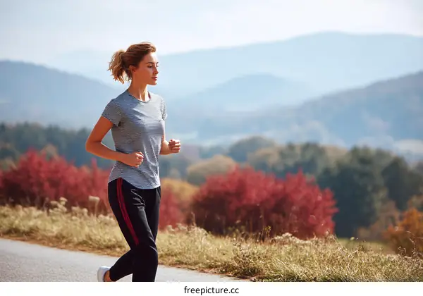 Woman Running in Autumnal Landscape