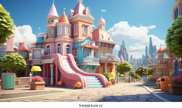 Whimsical Pink and Purple Cartoon House with Slide