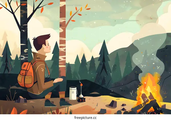 Camping Man in Forest with a Fire Illustration