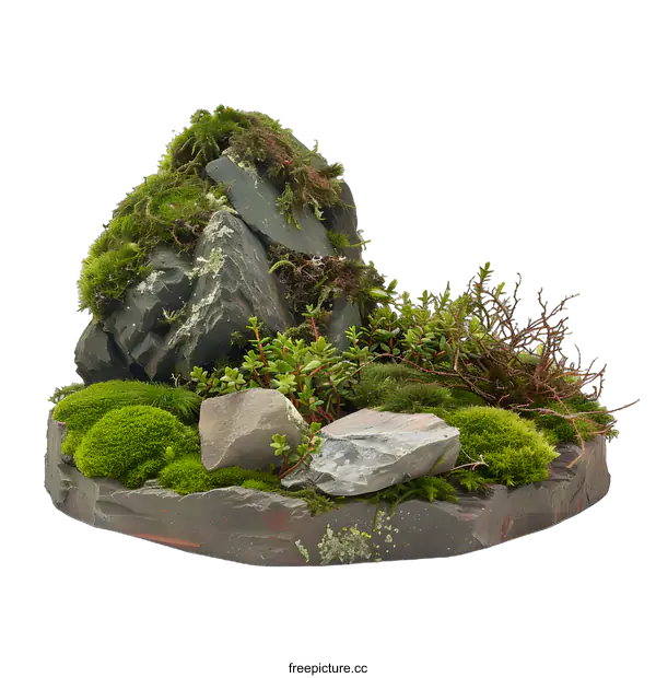 [Transparent Background PNG]Green Moss and Stone Miniature Garden Landscape