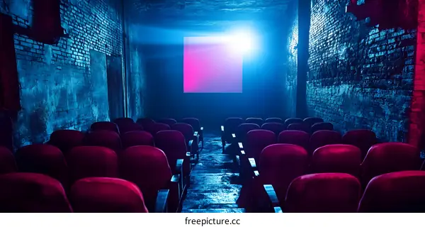 Empty Movie Theater Seats With Blue and Purple Lighting