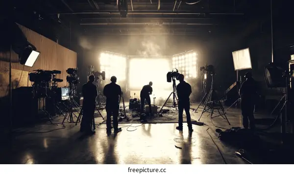 Film Studio Production Set with Multiple Crew Members