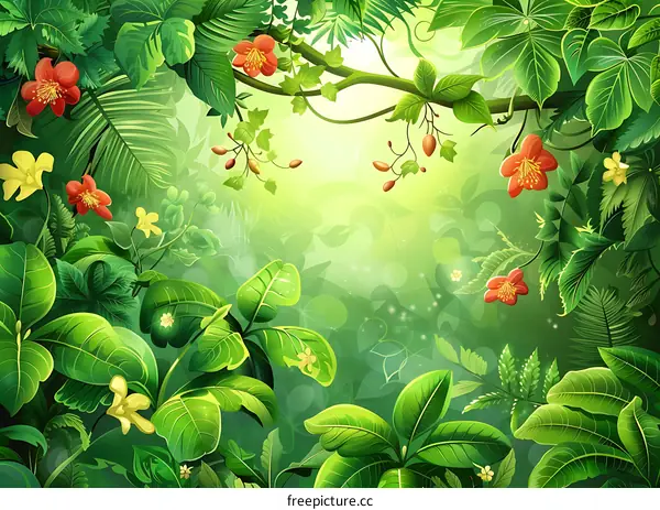 Green Tropical Rainforest Illustration With Flowers