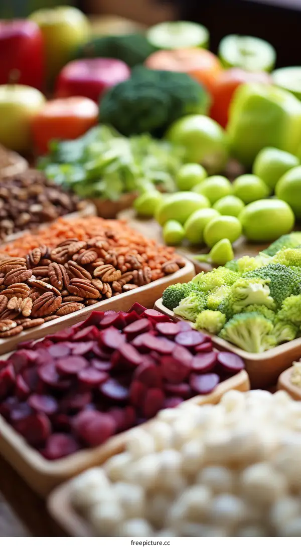 Various fresh organic vegetables and nuts on wooden table