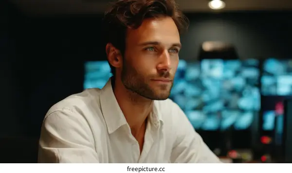 Caucasian Man Security Guard in Monitoring Room