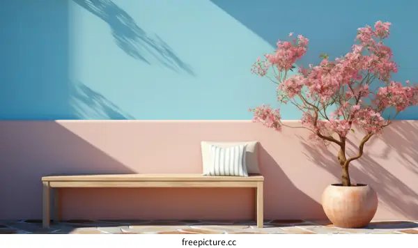 A wooden bench sits in front of a pink wall with a potted tree with pink flowers next to it