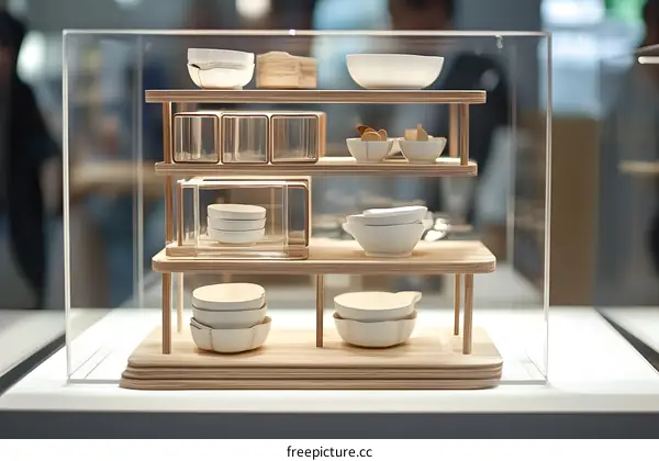 White Ceramic Bowls Displayed on Wooden Shelves in a Clear Acrylic Case
