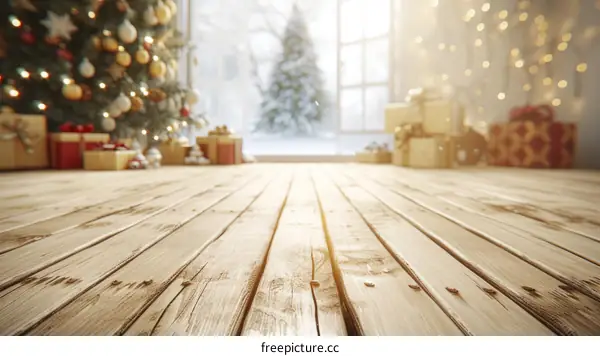 Christmas background with a wooden floor and a decorated Christmas tree in the background