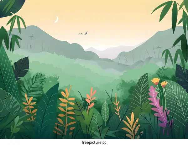 Green Forest Landscape with Mountains and Birds