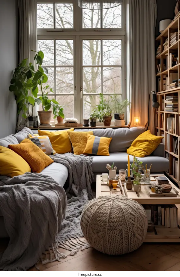 Cozy Gray Living Room with Plants and Window