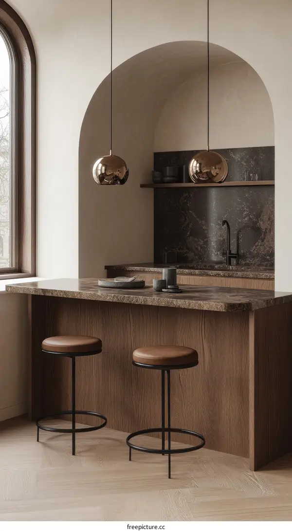 Modern Kitchen Island with Brown Bar Stools