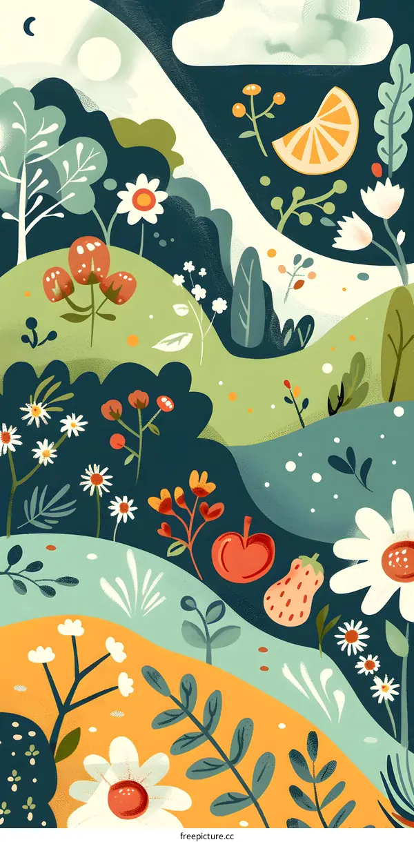 Illustrated Garden Scene with Flowers, Fruit and a Crescent Moon