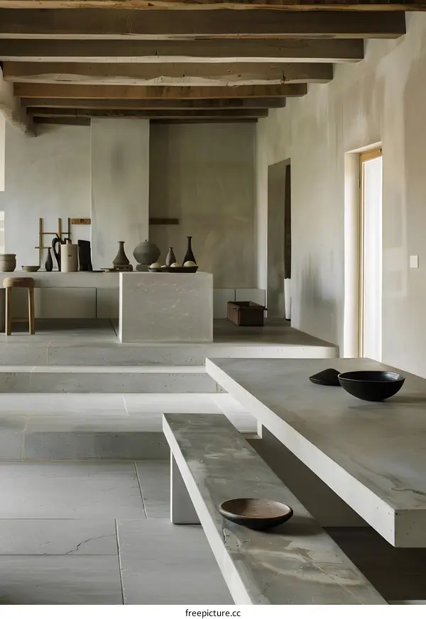 Minimalist Concrete Interior Design with Wooden Beams