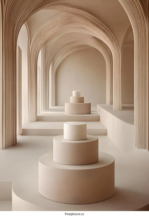 Minimalist Interior Design with Curved Arches and Circular Platforms