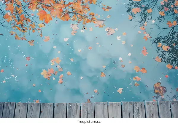 Autumn Leaves Floating on Calm Water With Wooden Dock