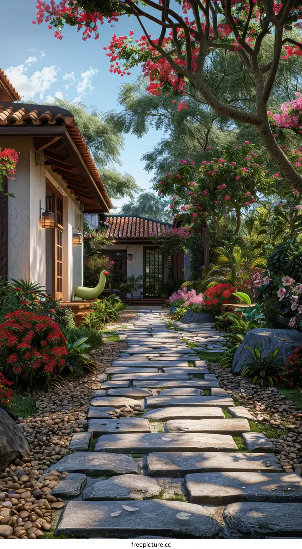 Stone Path Garden with Flowers and Trees