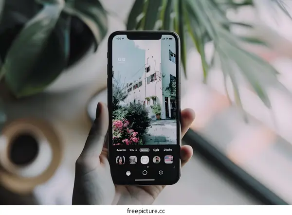 Hand holding a phone with a photo of a street in a European city